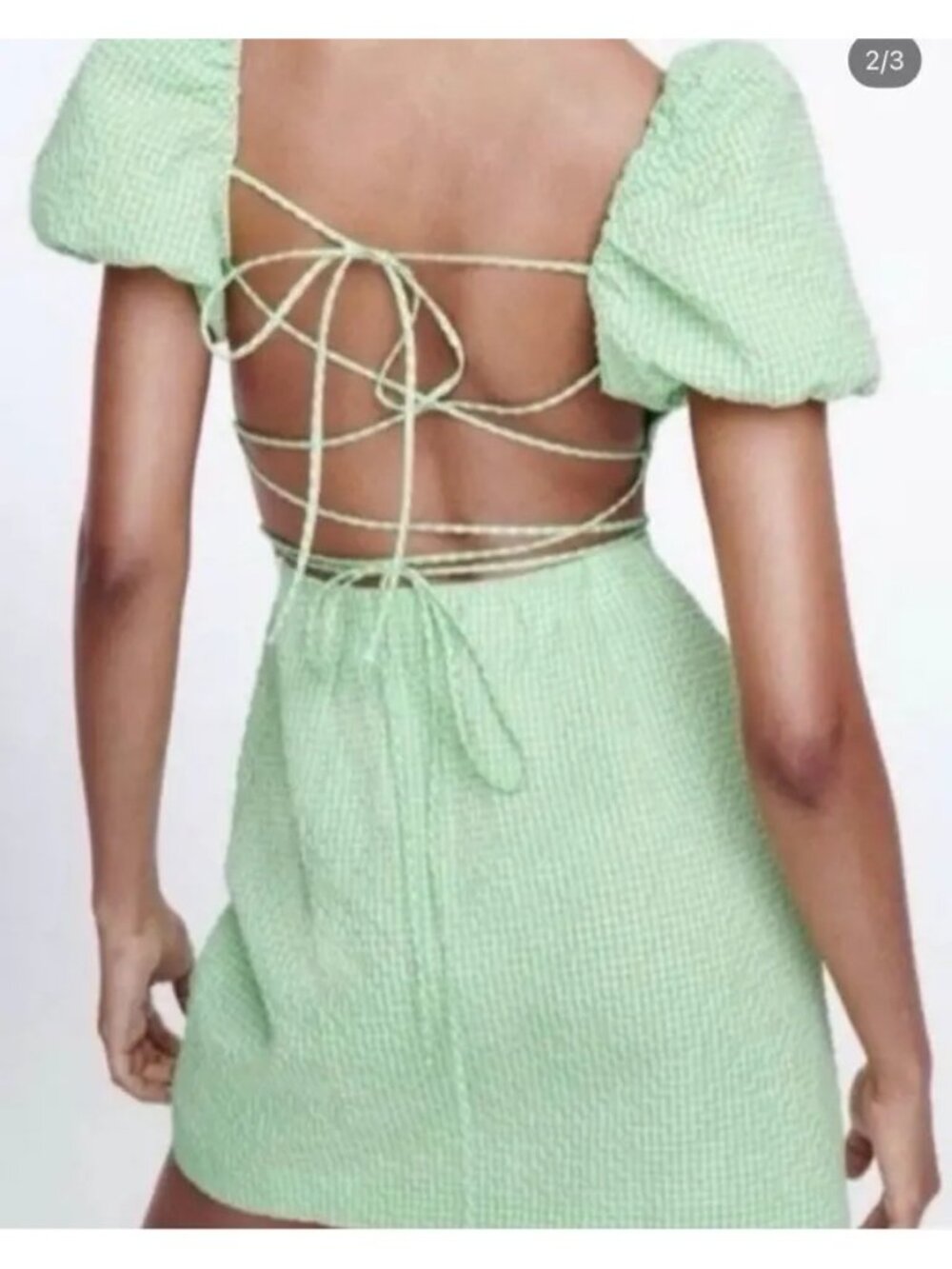 Zara Gingham Dress Size XS Mint Green Puff Sleeve Mini 100% Cotton Side Zipper - Picture 3 of 13